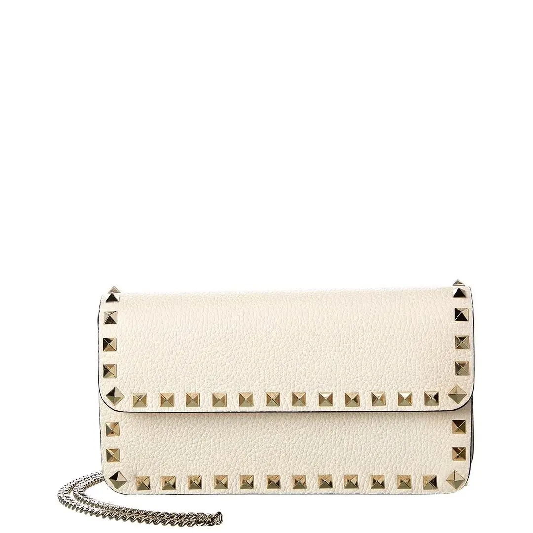 Valentino Rockstud Grainy Leather Wallet On Chain Women`s White Os