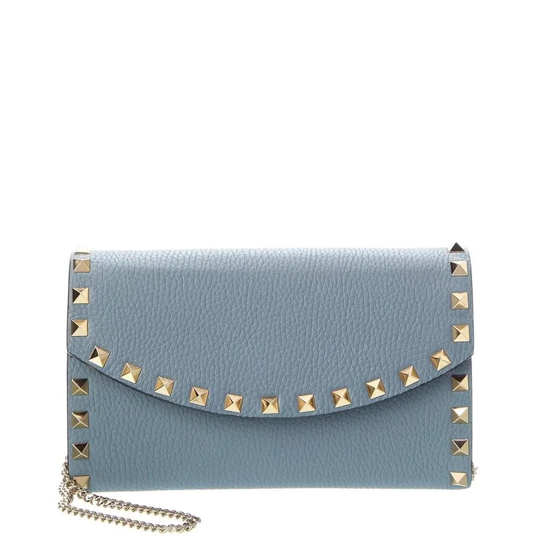 Rockstud Mini Grainy Leather Wallet On Chain Women`s Blue Os by Valentino