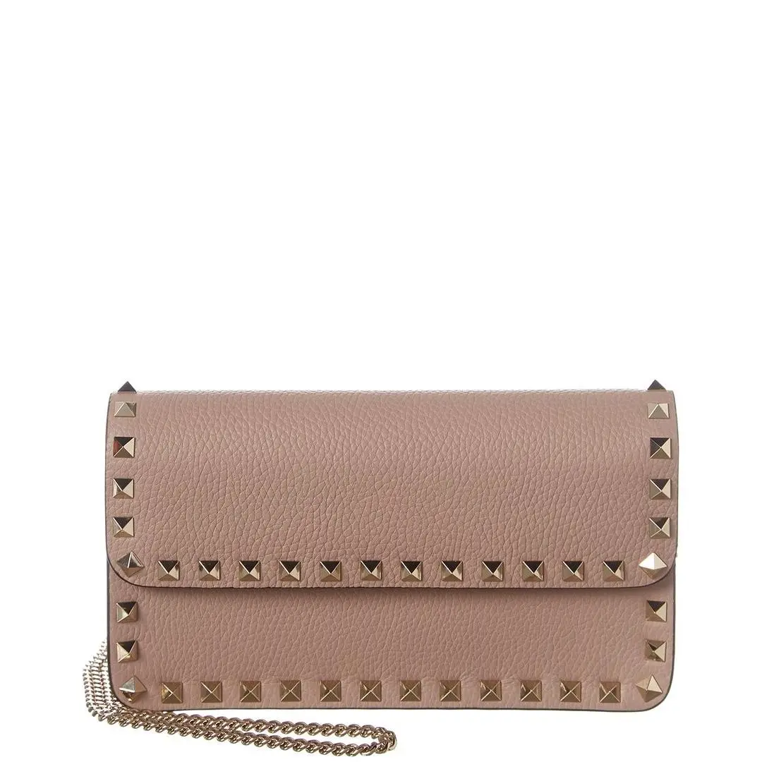 Valentino Rockstud Grainy Leather Wallet On Chain Women`s Beige Os