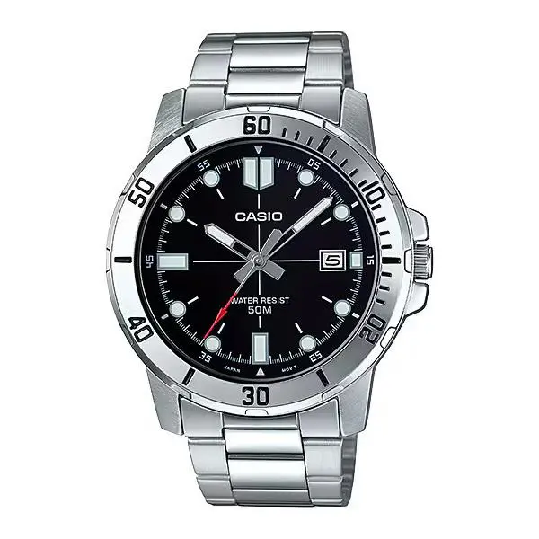 MTP-VD01D-1EV Black Dial Steel Band Quartz Men`s Watch by Casio
