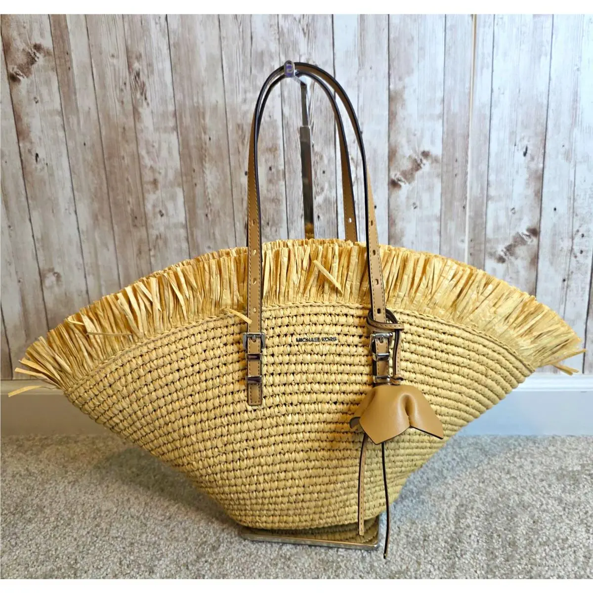 Straw Tote Fringe Beige Leather Straps Silver Hardware Logo Card by Michael Kors