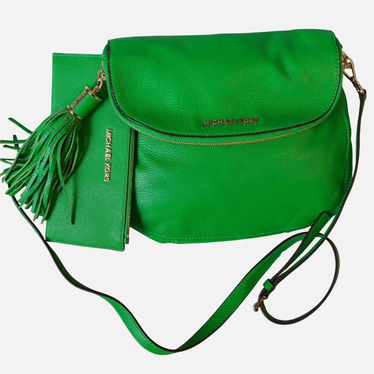 Weston Kelly Green Leather Crossbody Bag Matching Wallet Tassel Gol by Michael Kors