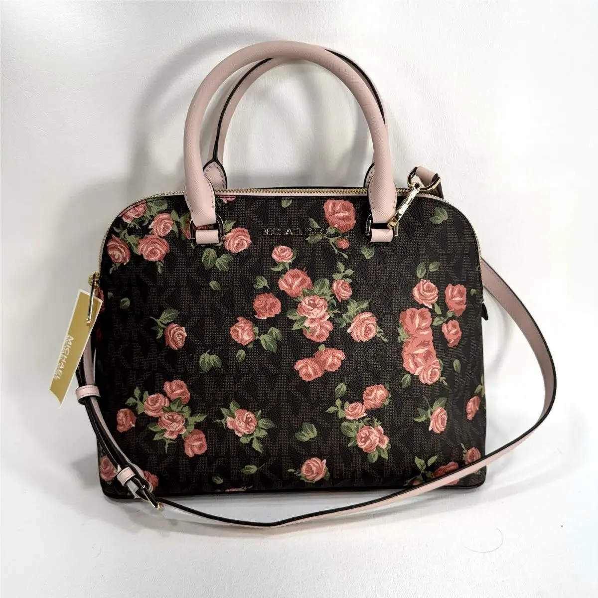 MK Signature Floral Cindy LG Dome Satchel Bag Brown Multi Leather by Michael Kors