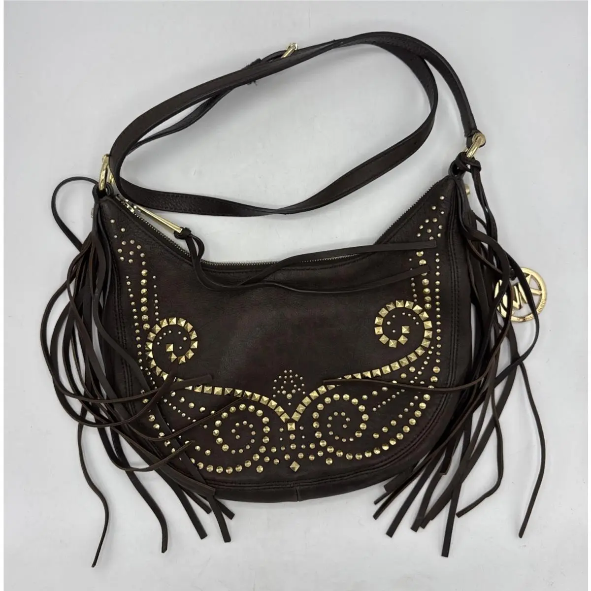 Rhea Dark Chocolate Leather Gold Studs Fringes Slouchy Crossbody by Michael Kors