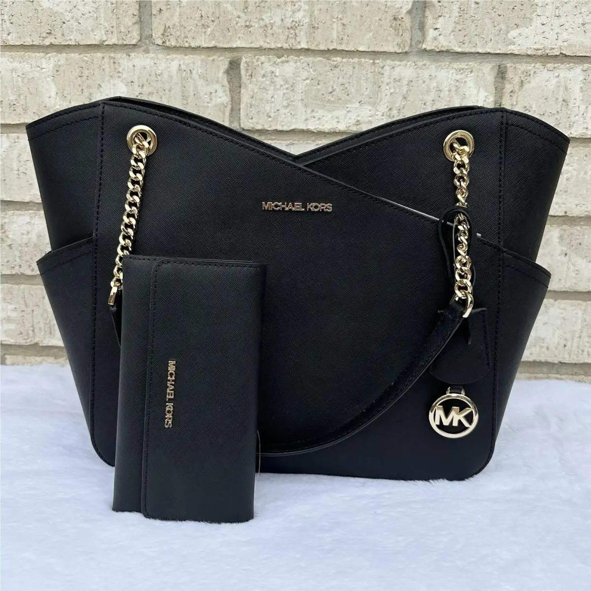 Michael Kors Jet Set Travel Large Chain Shoulder Tote Signature Black Wallet