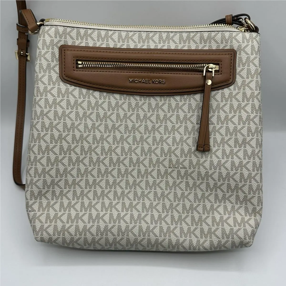 Jet Set Logo Crossbody Bag Beige Brown Gold Zip Detachable Strap by Michael Kors
