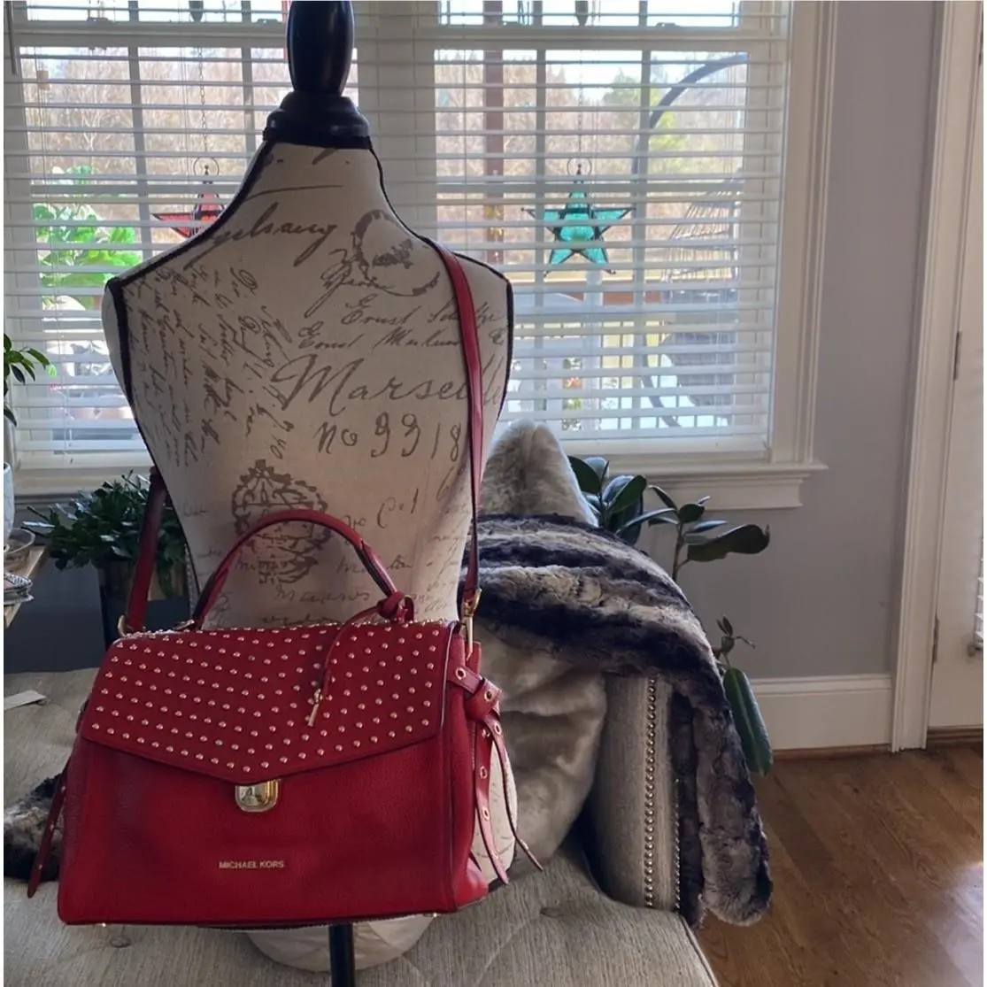 Bristol Bright Red Leather Satchel Studded Crossbody Bag by Michael Kors