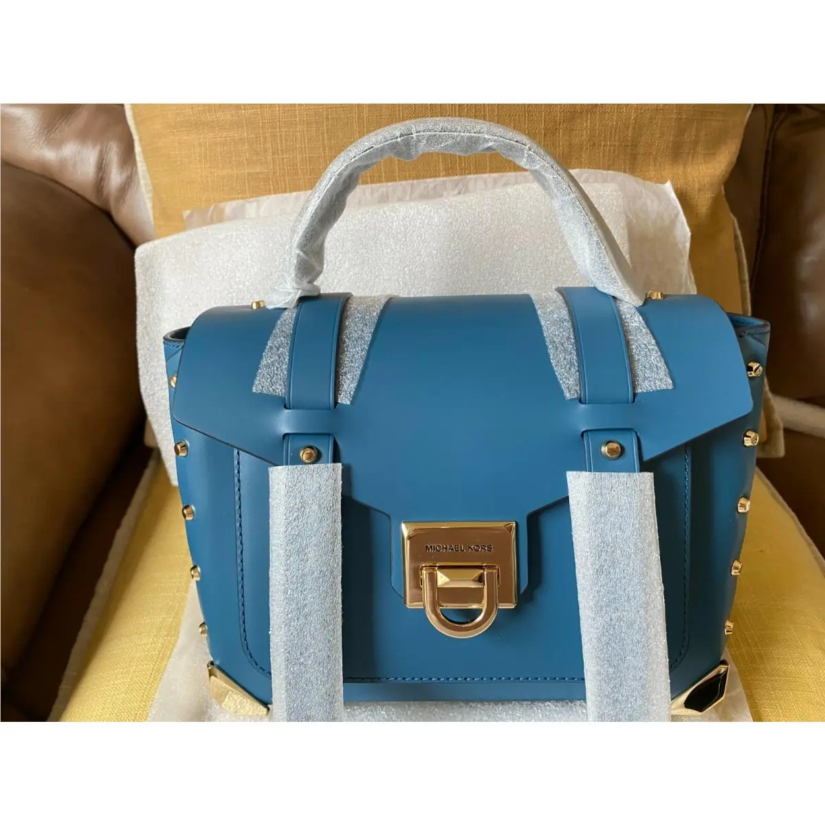 Manhattan Medium Leather Satchel Dark Chambray W/gold-tone Hardware by Michael Kors