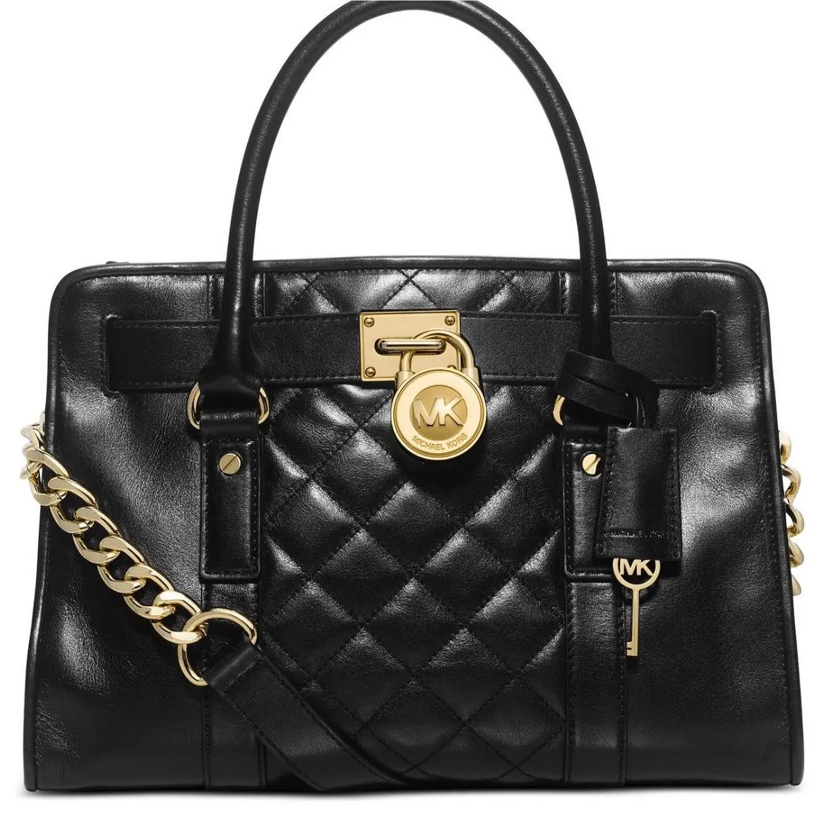 Hamilton Quilt EW Satchel Handbag Black Leather Gold Cha by Michael Kors