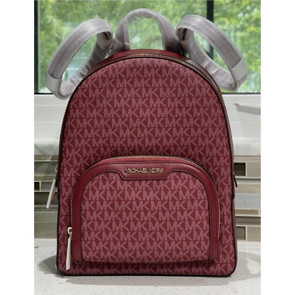Jaycee Medium Zip Backpack Bag Tote MK Cherry Merlot Logo Gold by Michael Kors