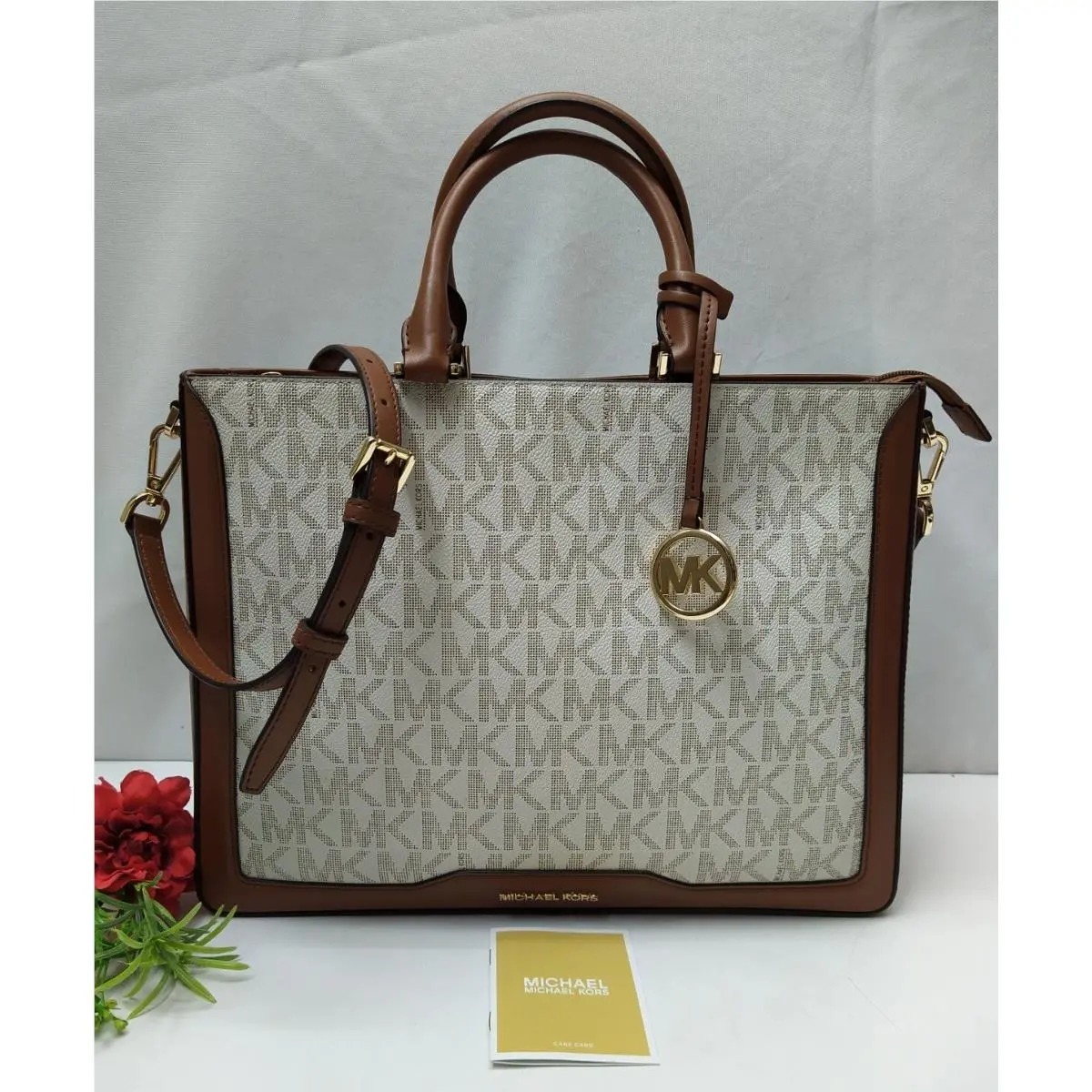 Jessie Ivory MK Printed Brown Leather Trim Tote by Michael Kors