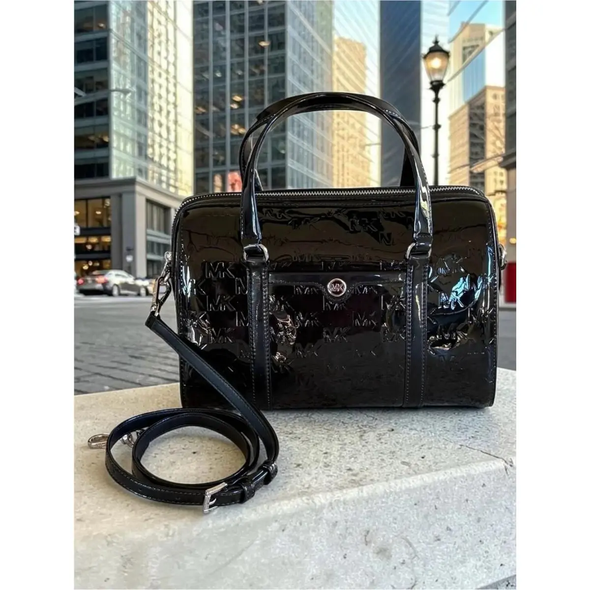 Jet Set Medium Patent Logo Debossed Duffel Crossbody Bag Black by Michael Kors