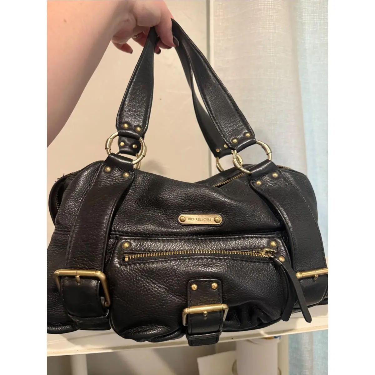 Ann LG Satchel Women Large Black Leather Buckle 35F0XANS3L by Michael Kors