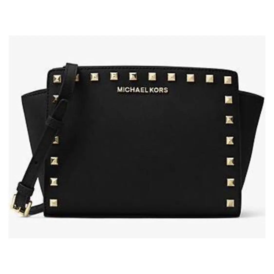 Black Selma Studded Saffiano Medium Messenger Bag Black/ Gold Hardw by Michael Kors