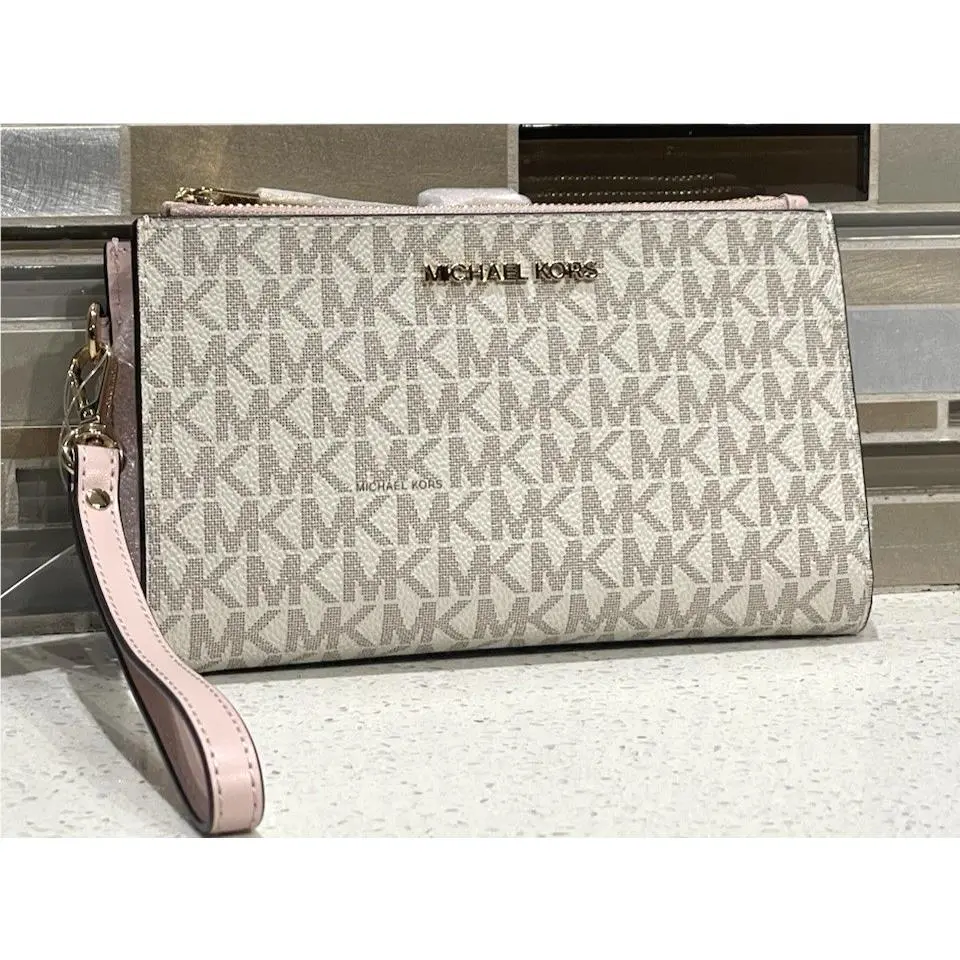 Michael Kors Jet Travel Double Zip Wallet Phone Case Wristlet MK Vanilla Pink