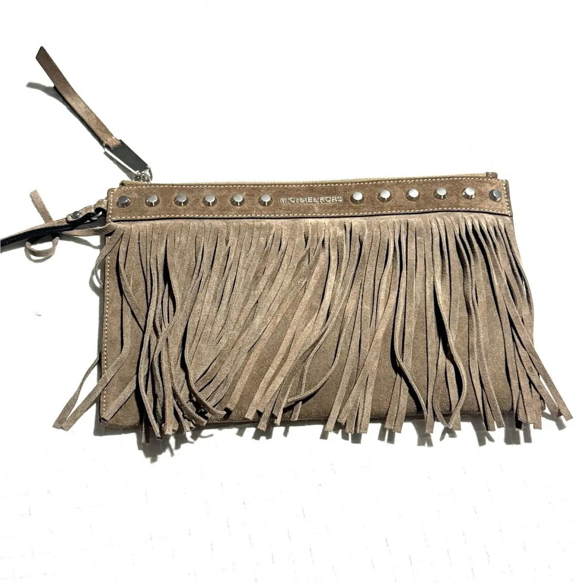 Beige Suede Fringe Clutch Zip Close Wrist Strap Billy by Michael Kors