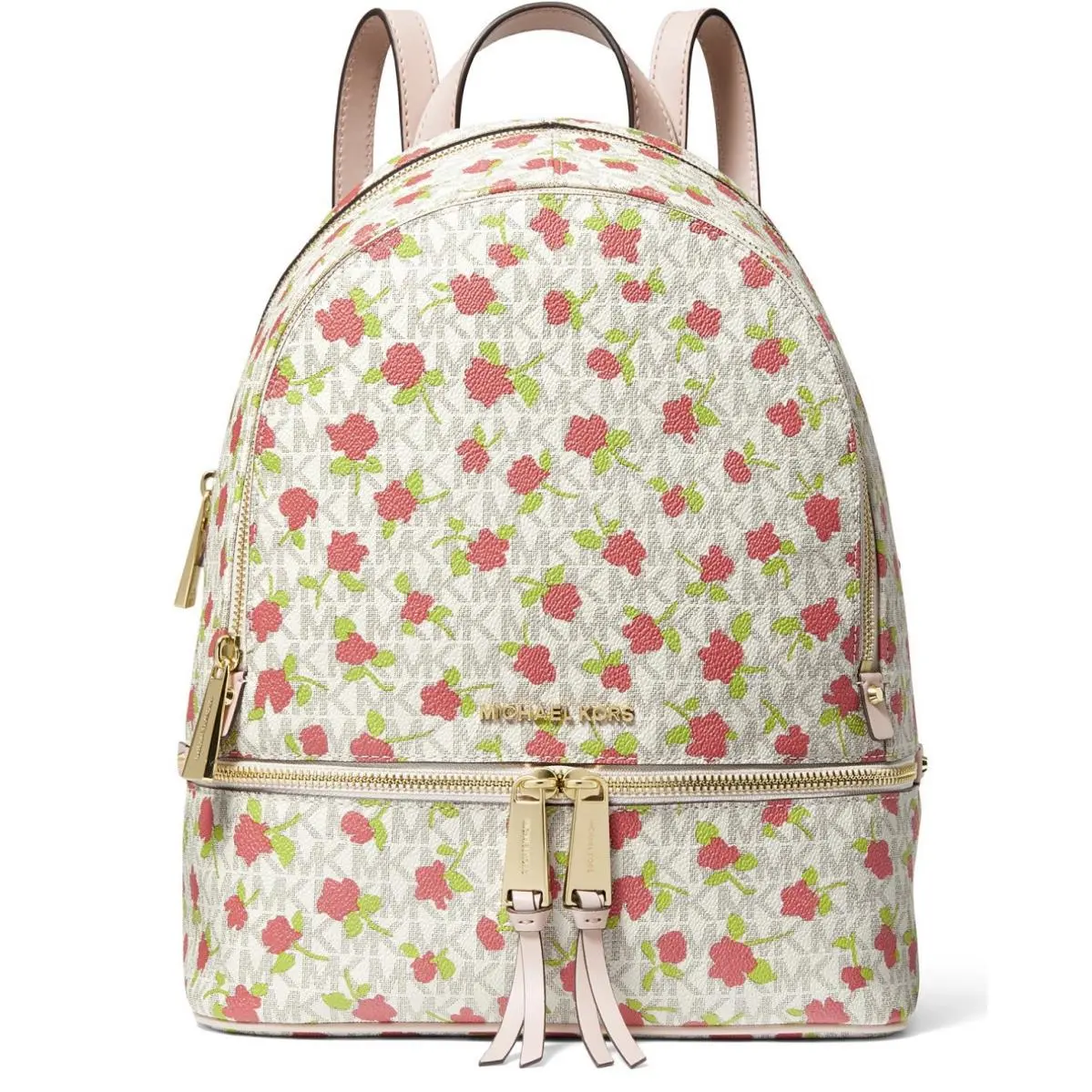 Rhea Zip Medium Backpack Vanilla Multi Color with Flowers ￼ by Michael Kors