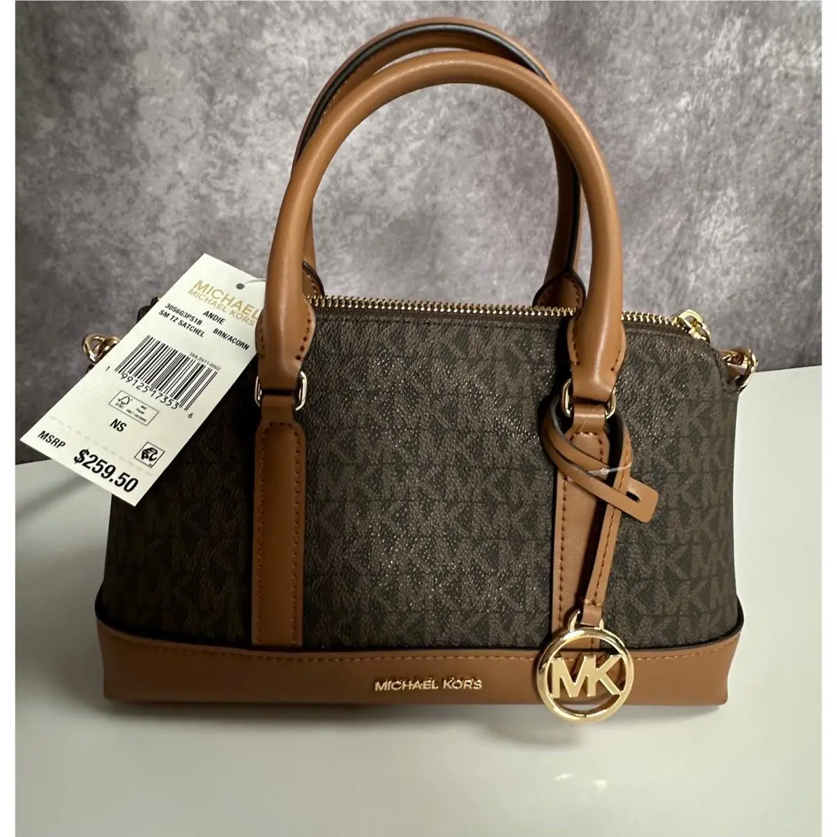 Andie Small Top Zip Satchel Brown Acorn Signature Logo Bag Small by Michael Kors