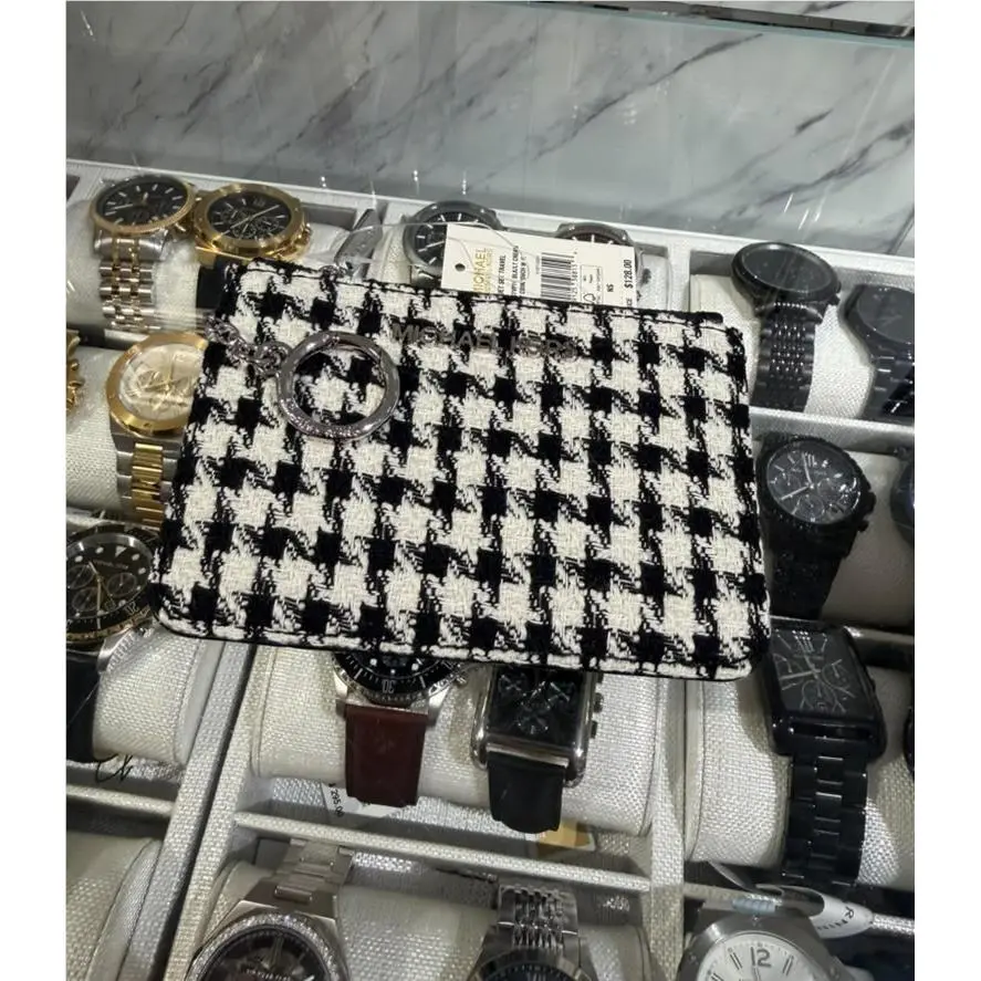 Michael Kors Jet Set Houndstooth Woven Card Case Key Holder Black Light Cream