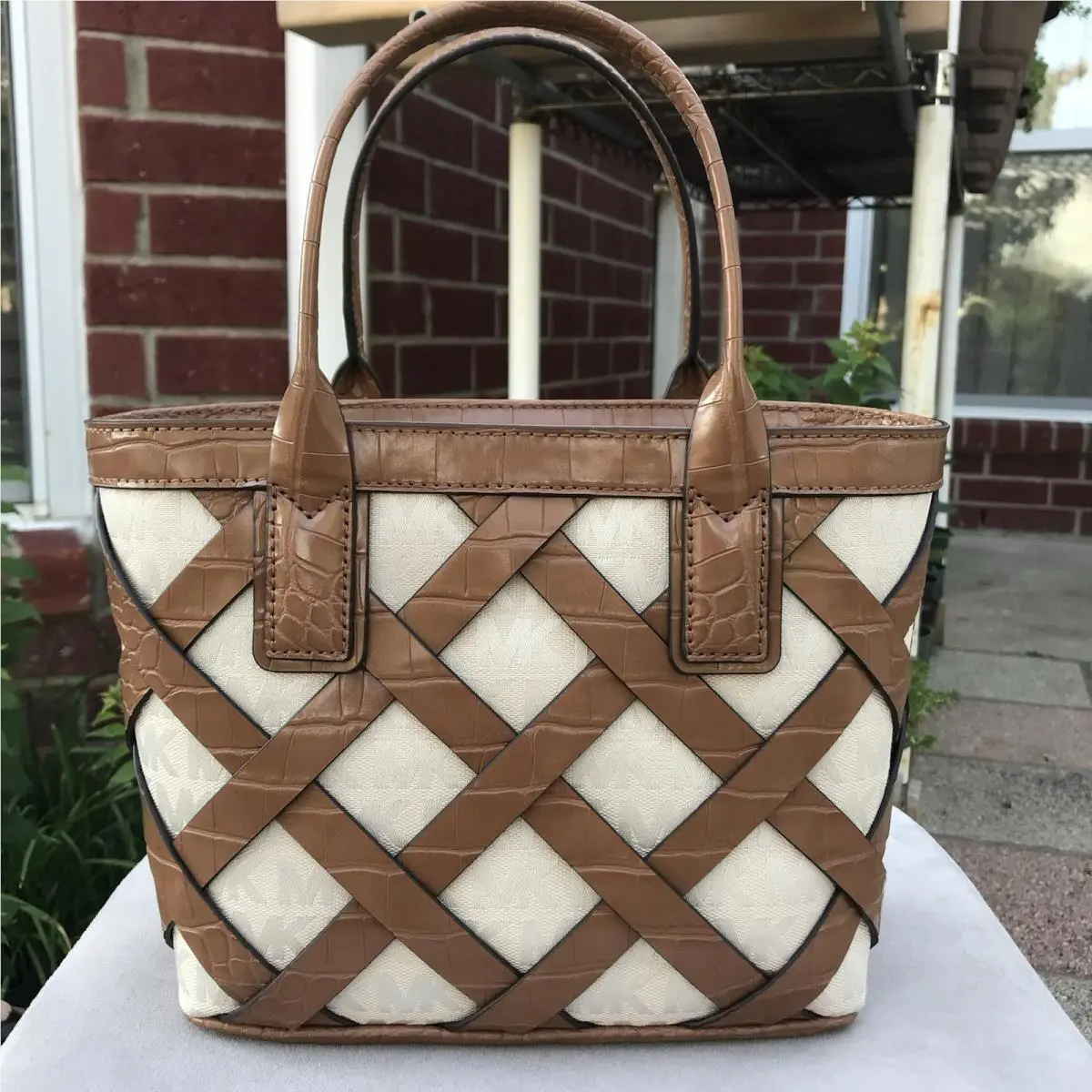 Sienna Small Tote Crossbody Shoulder Bag Walnut Leather Canvas by Michael Kors