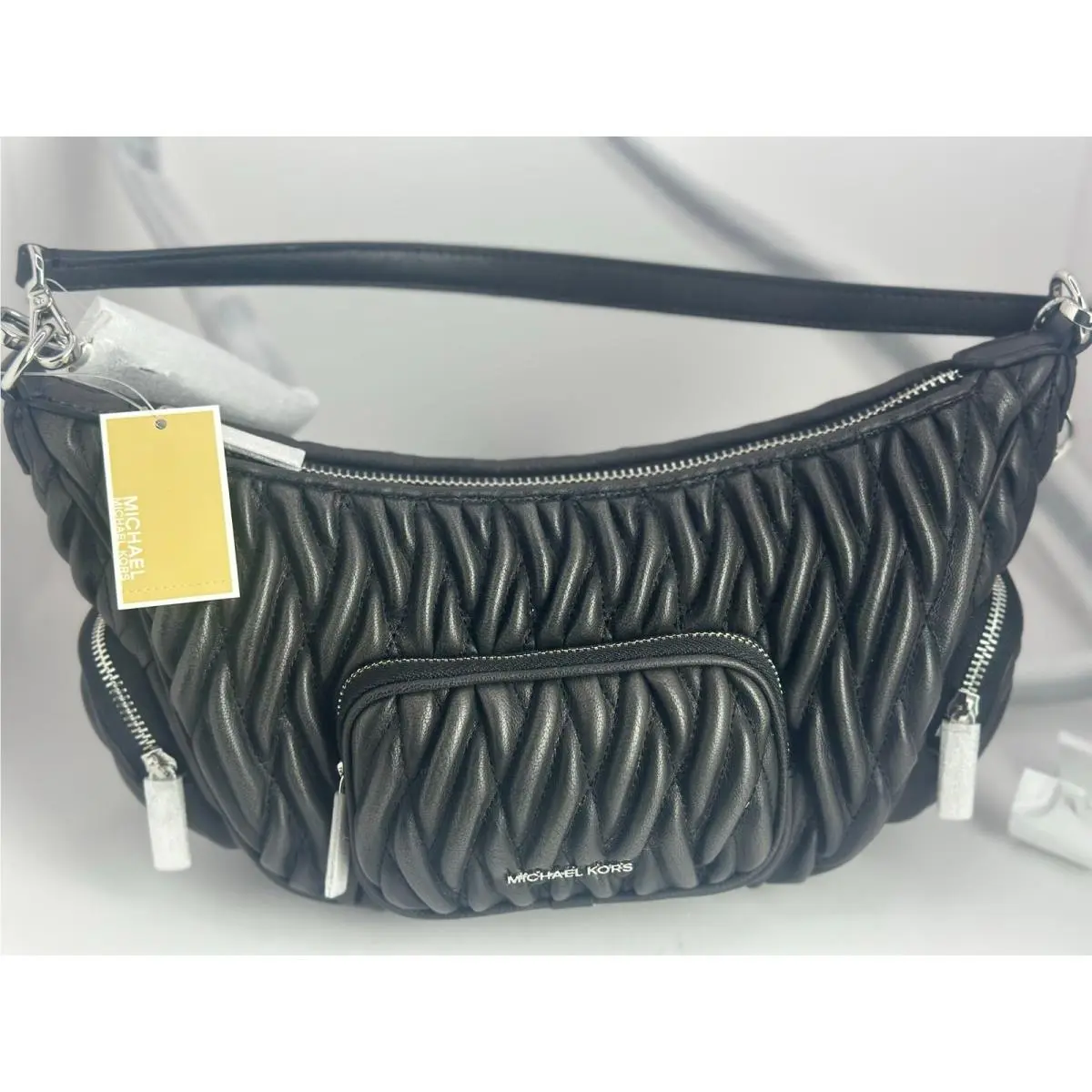 Merritt Medium Ruched Cargo Shoulder Bag Black Convertible by Michael Kors
