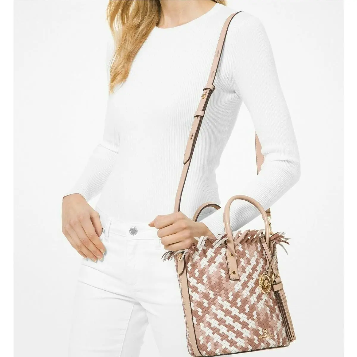 Michael Kors Marley Luggage White Woven Bucket Messenger Handbag
