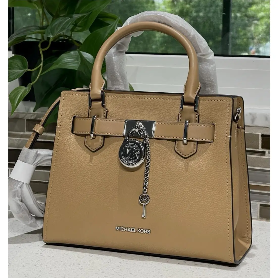 Hamilton Small Satchel Key Lock Crossbody Bag Peanut Taupe Leather by Michael Kors