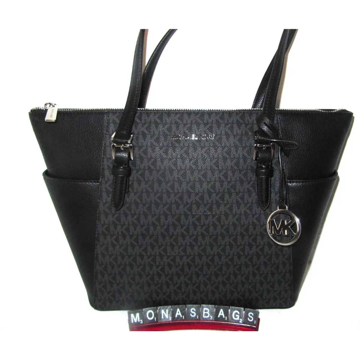 Top Zip Charlotte Large Tote Bag Black Signature by Michael Kors