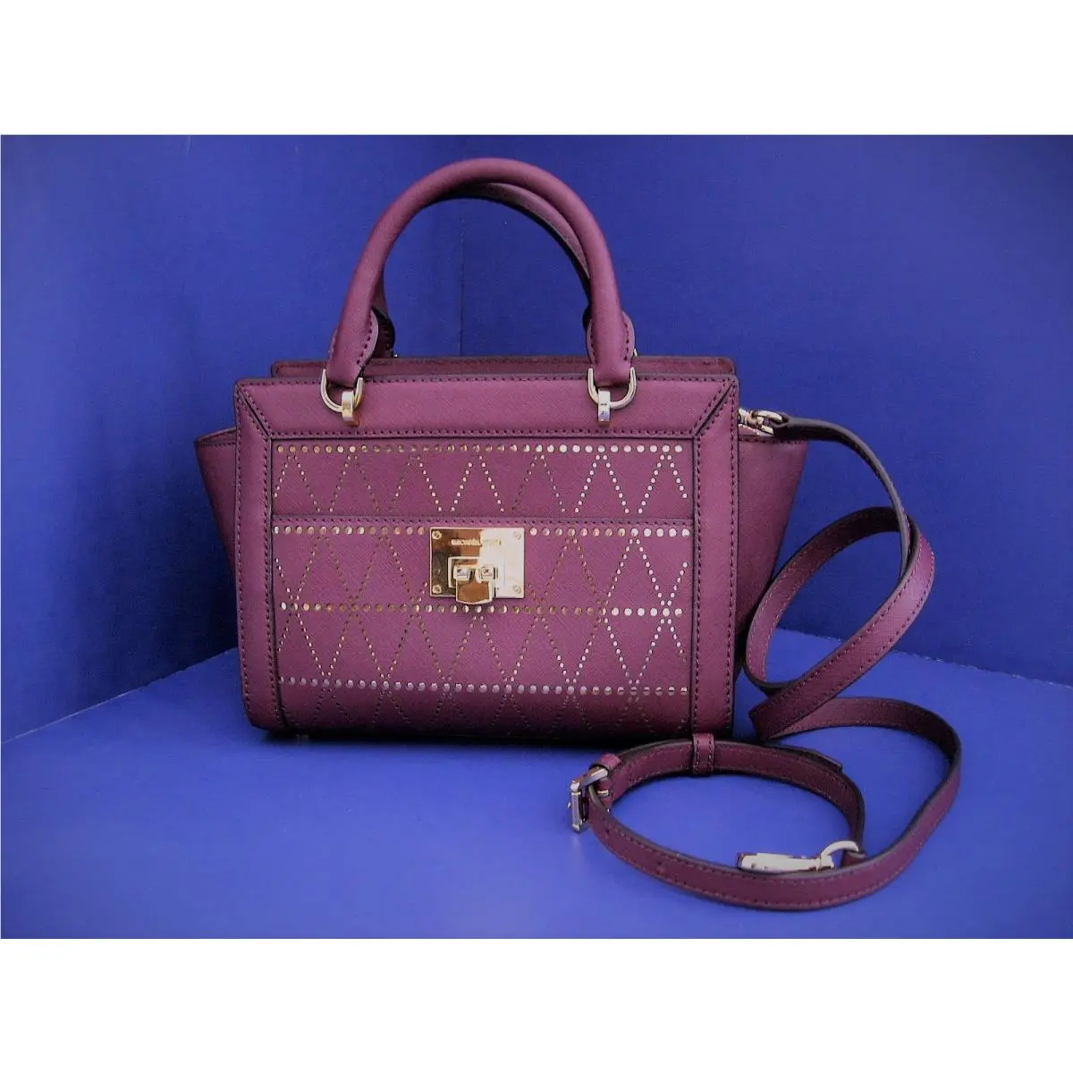 Tina Saffiano Leather Small Satchel Messenger Bag Plum by Michael Kors