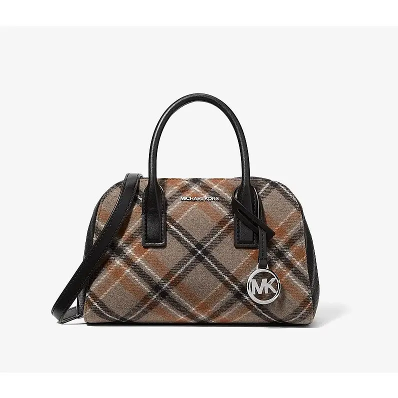 Ashton Small Plaid Print Wool Blend Messenger Bag Black by Michael Kors