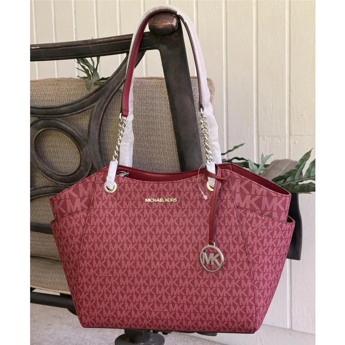 Jet Set Travel Large Medium Chain Shoulder Tote Bag MK Maroon Logo by Michael Kors