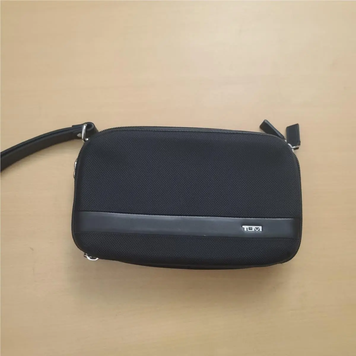 Tumi Alpha Triple Zip Clutch Classic Black Ballistic Nylon with Wrist Strap