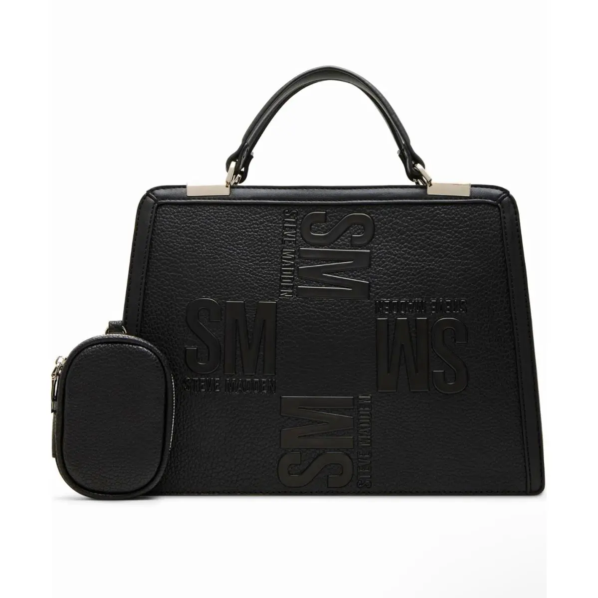 Black Pebbled Leather Logo Satchel w/ Strap Coin Purse by Steve Madden