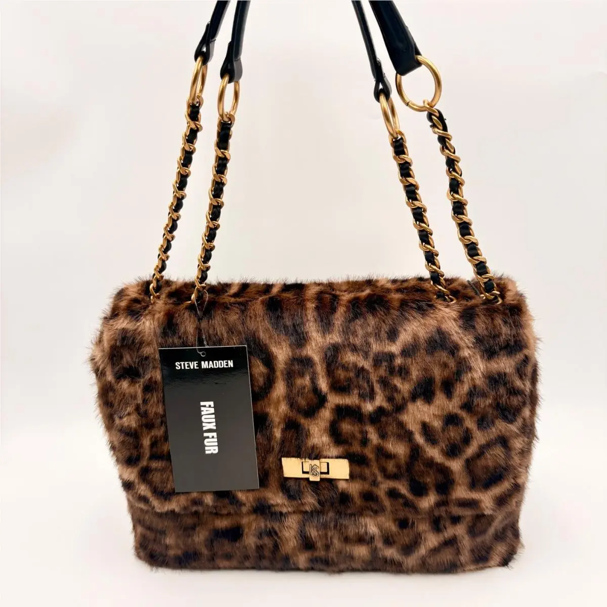 Leopard Fur Shoulder Bag Gold Chain Strap by Steve Madden