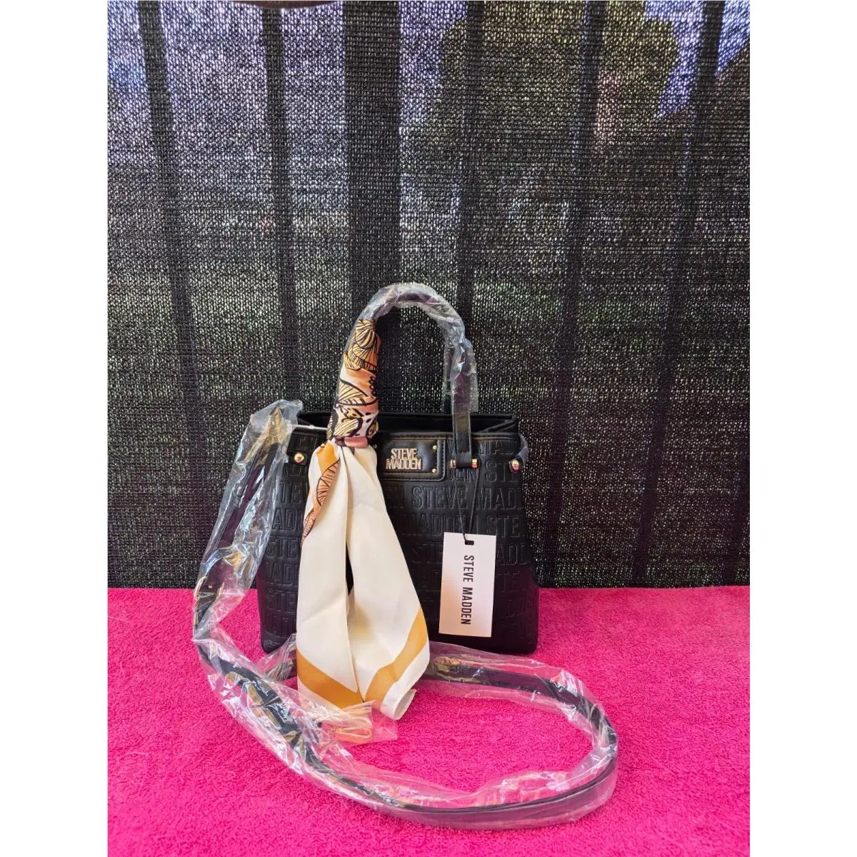 Women`s Embossed Black Tote Handbag with Scarf by Steve Madden
