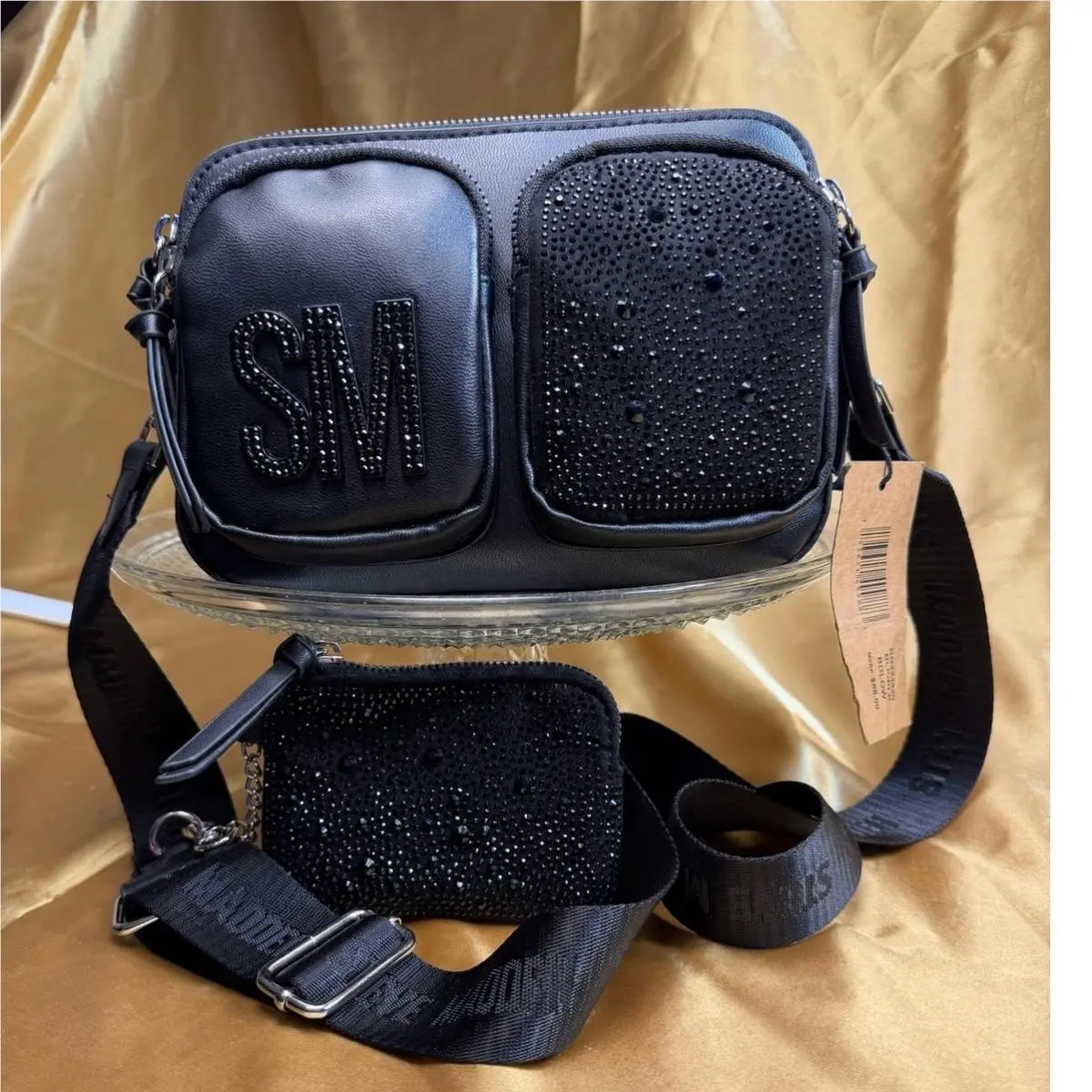 Bglowing Black Crossbody Bag Studded Hobo Style Guitar Strap by Steve Madden