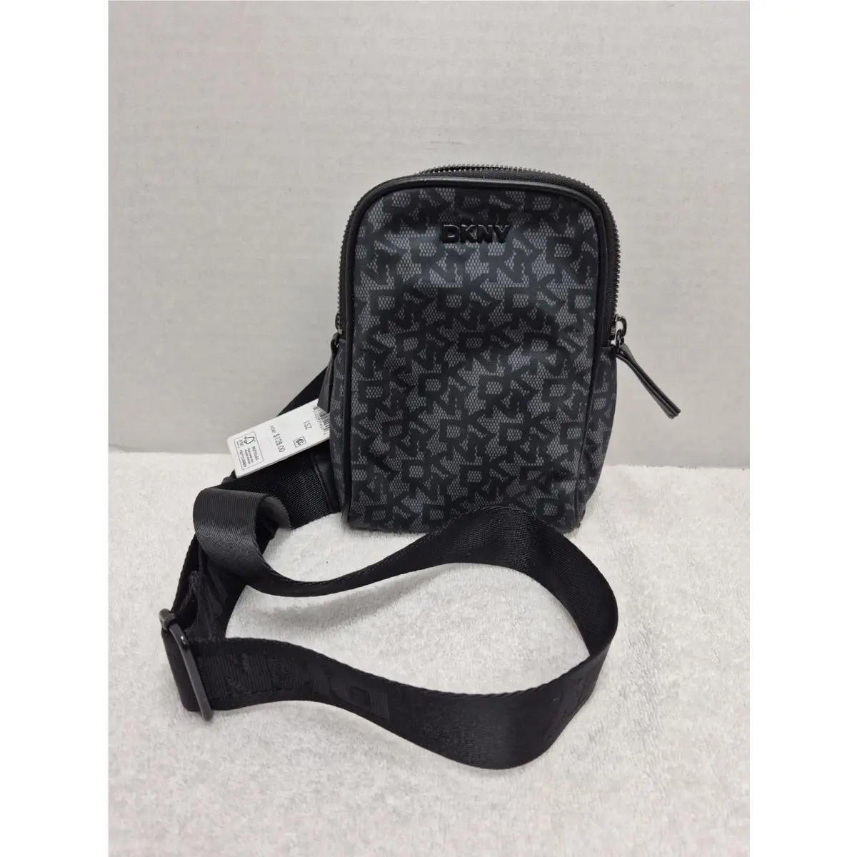 Dkny Black Gray Logo Monogram Mini Crossbody Phone Bag Adjustable Strap