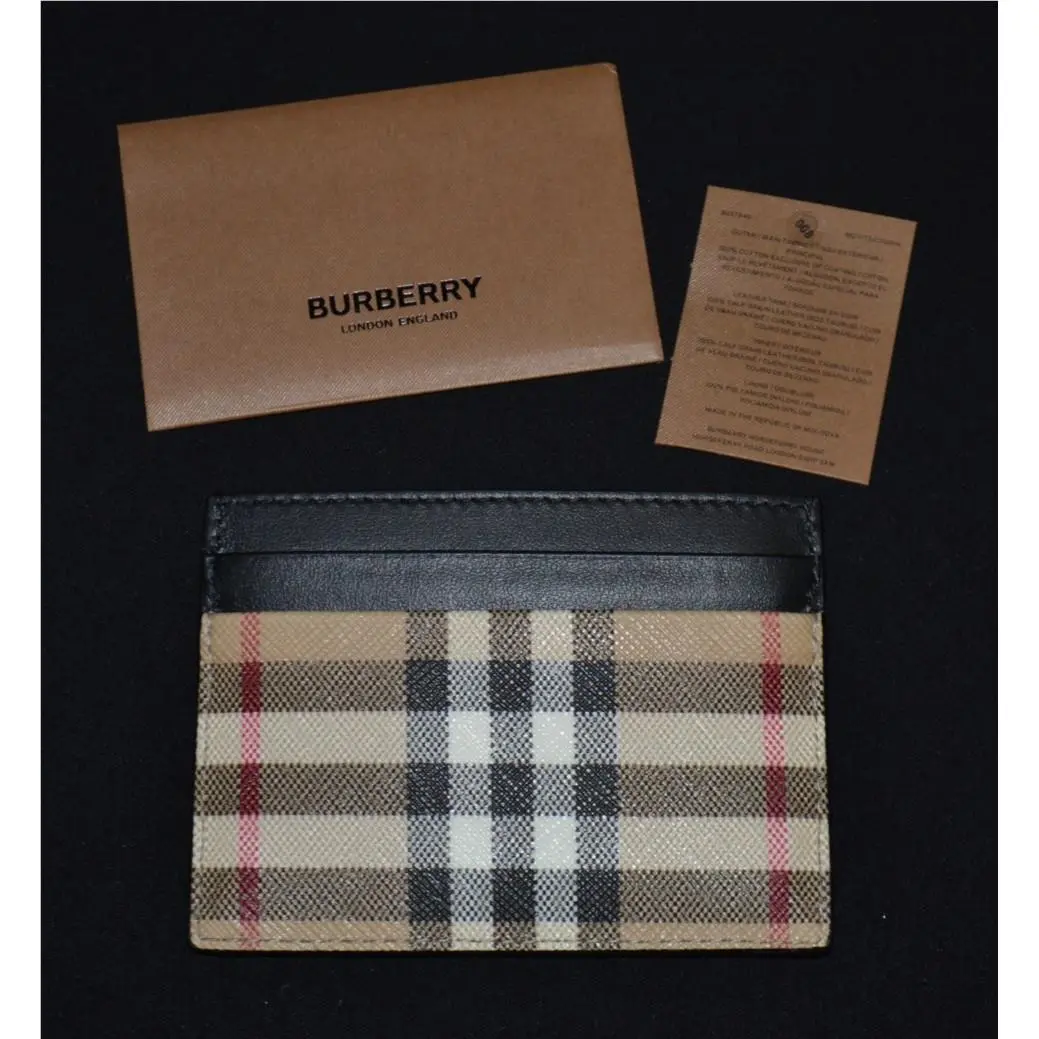 Sandon Coated Canvas Check Beige/ Black Leather Card Case by Burberry