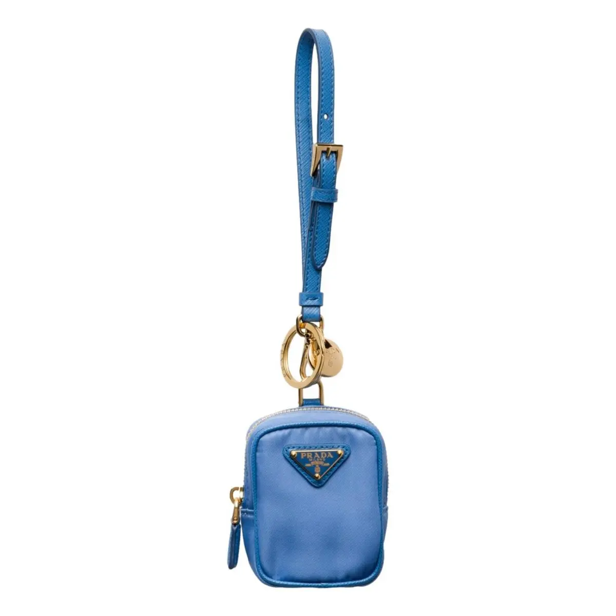 Prada Blue Nylon Leather Mini Pouch Bag Charm Keychain Gold Tone