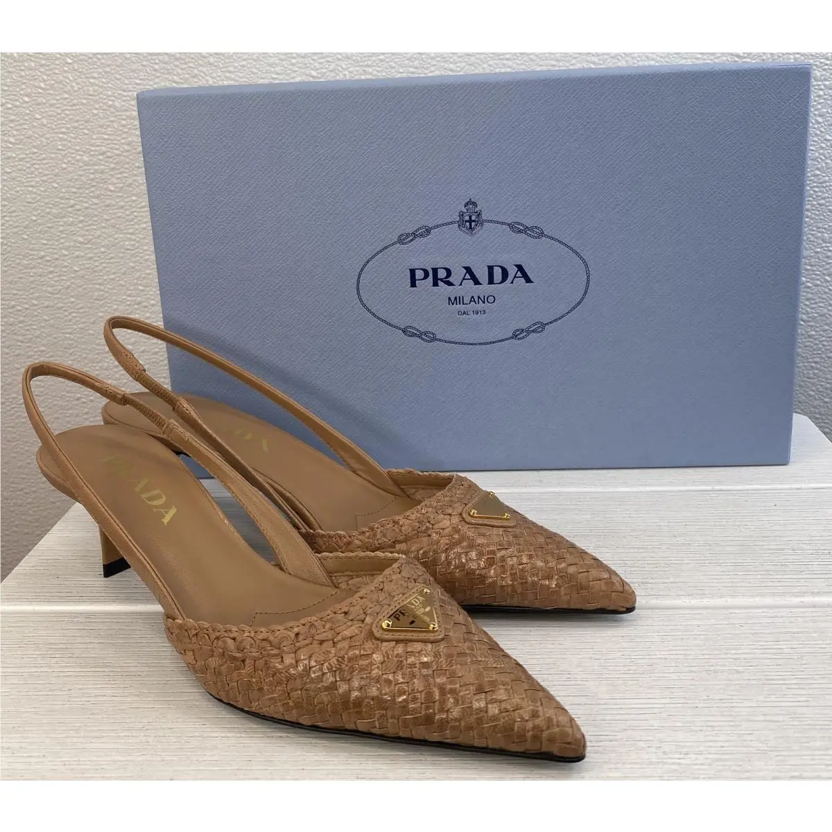 Prada Slingback Pumps Womens US6.5 EU36.5 Beige Khaki Woven Leather Kitten Heels