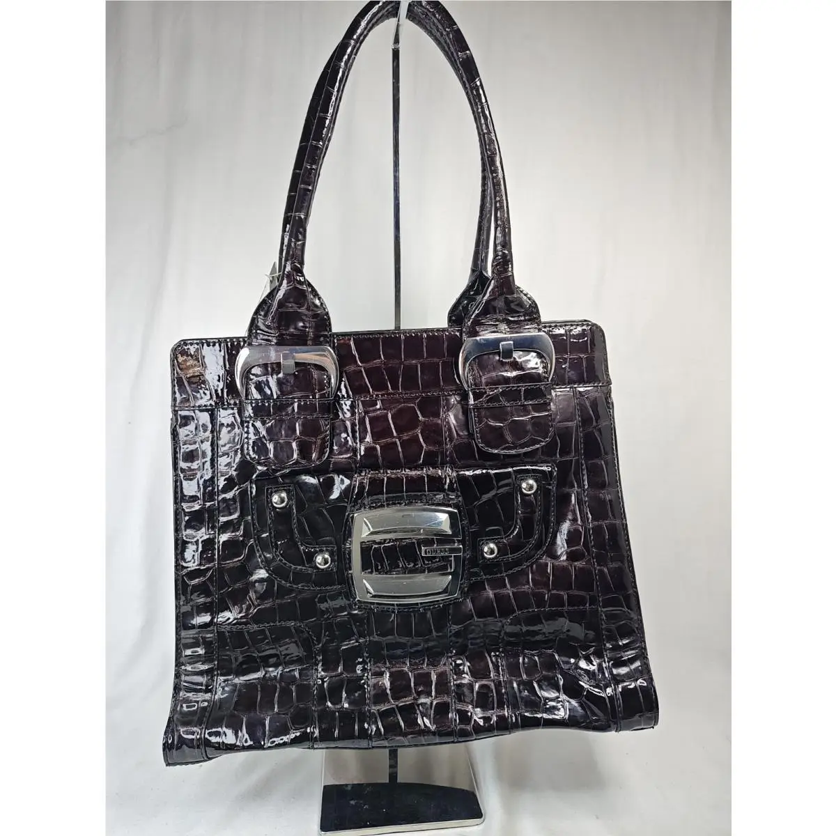Leilani Shoulder Bag Black Croc Embossed Patent Leather Tote CR240825 by Guess
