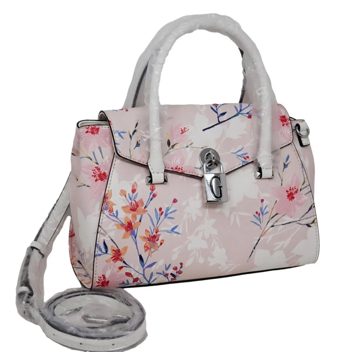 Women`s Floral Print Lock Charm Satchel Crossbody Bag Handbag Blush by Guess