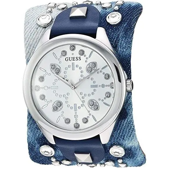 Blue Leather Bund Strap Gem-set 44mm Silver Dial Women`s Watch U1139L1 by Guess