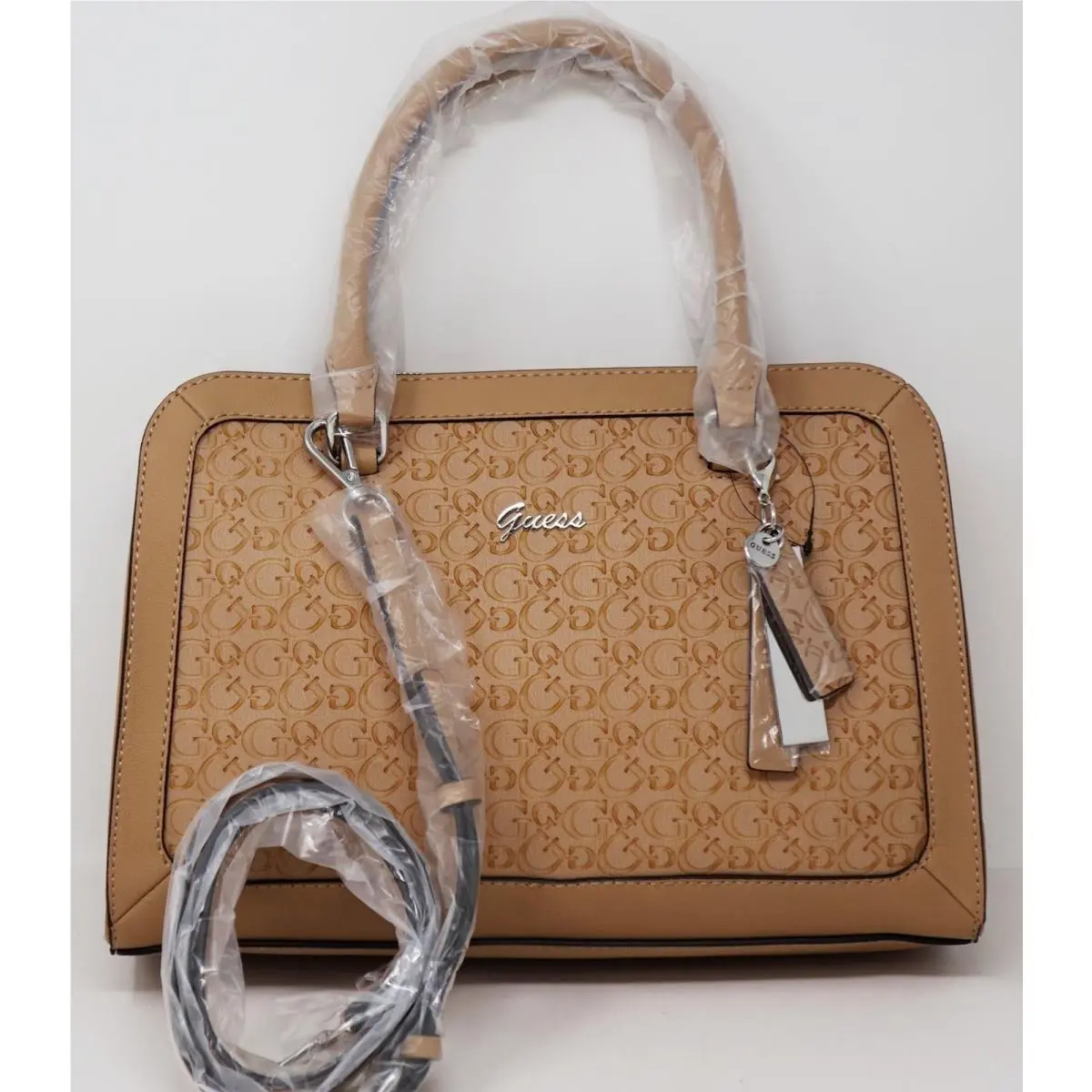 Women`s Logo Embossed Medium Satchel Crossbody Bag Handbag - Cognac by Guess