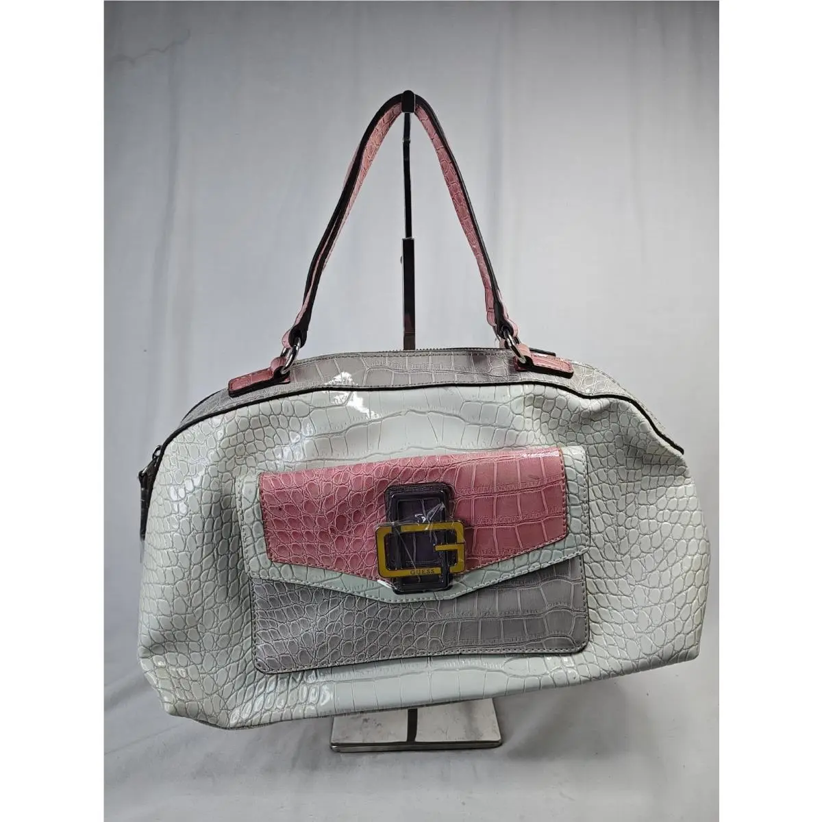 Kairi Satchel Bag White Multi Croc Embossed Patent Handbag PA415309 by Guess