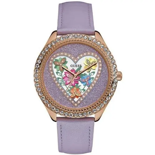 Heart and Flower Design Dial Purple Strap Women`s Gold Tone Watch W0908L1 by Guess