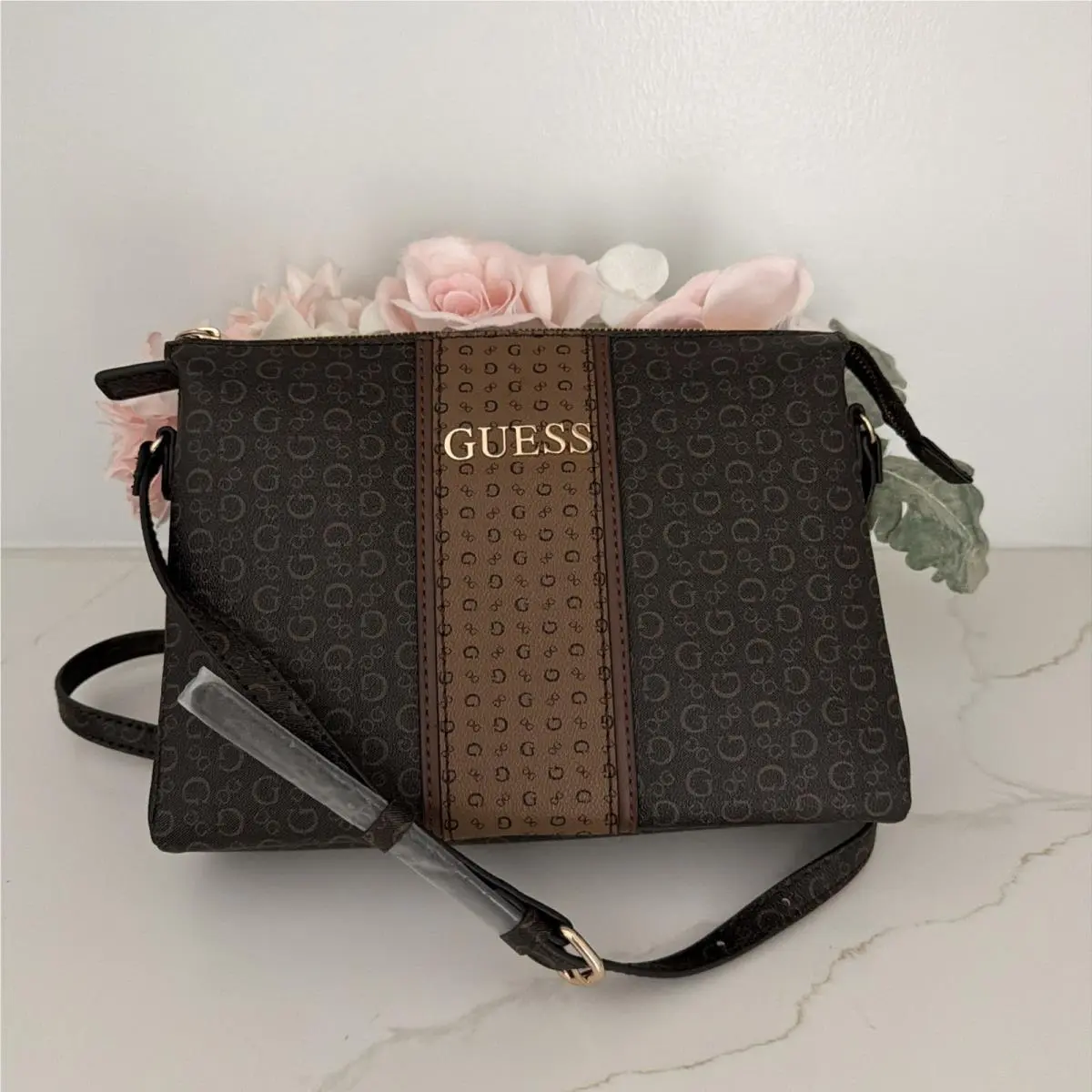 Logo Shoulder Handbag Brown by Guess