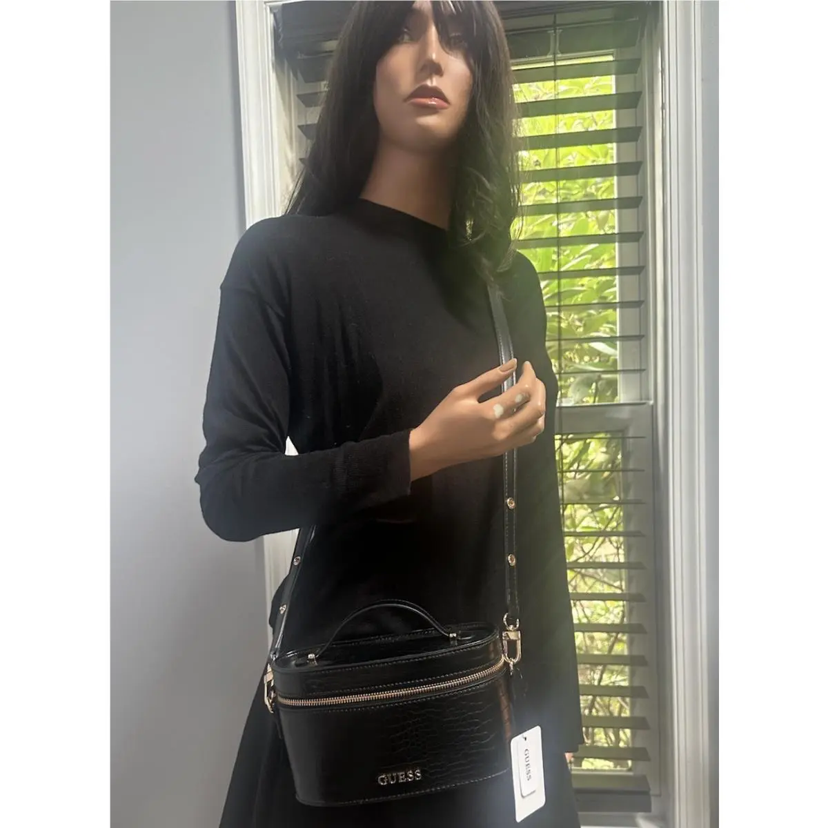 Mini Farrah Zip Around Small Croco Black Crossbody Bag by Guess