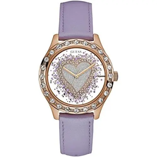 Purple Leather Strap Exhibition Heart Dial Pink Case Ladies Watch U0909L3 by Guess