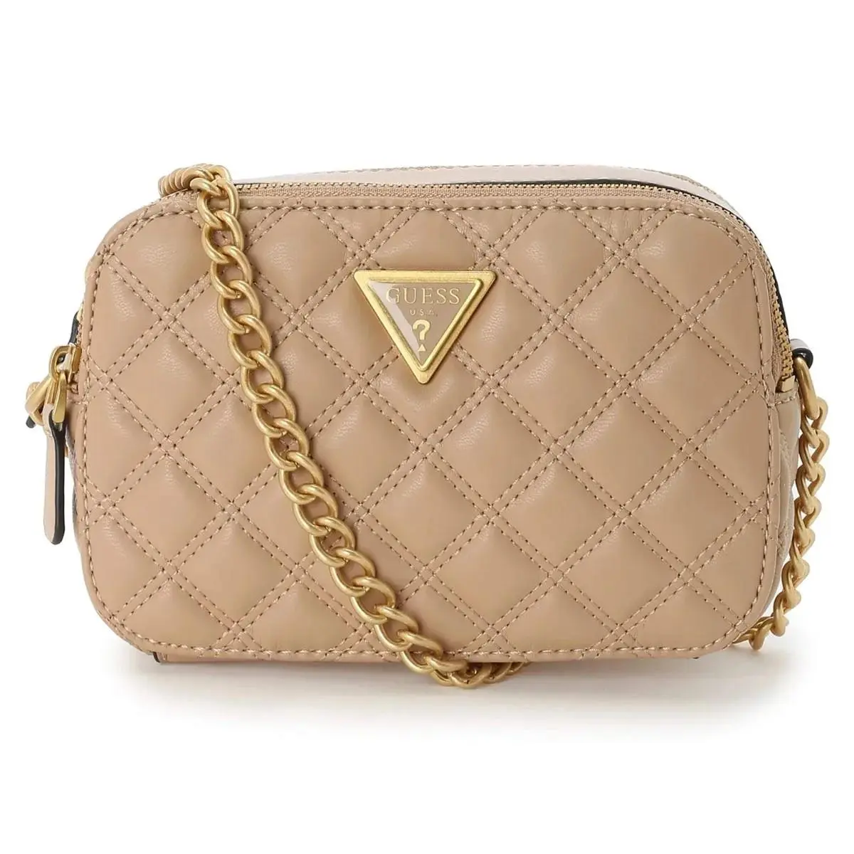 Giully Small Quilted Double Top Zip Camera Bag Beige Gold by Guess